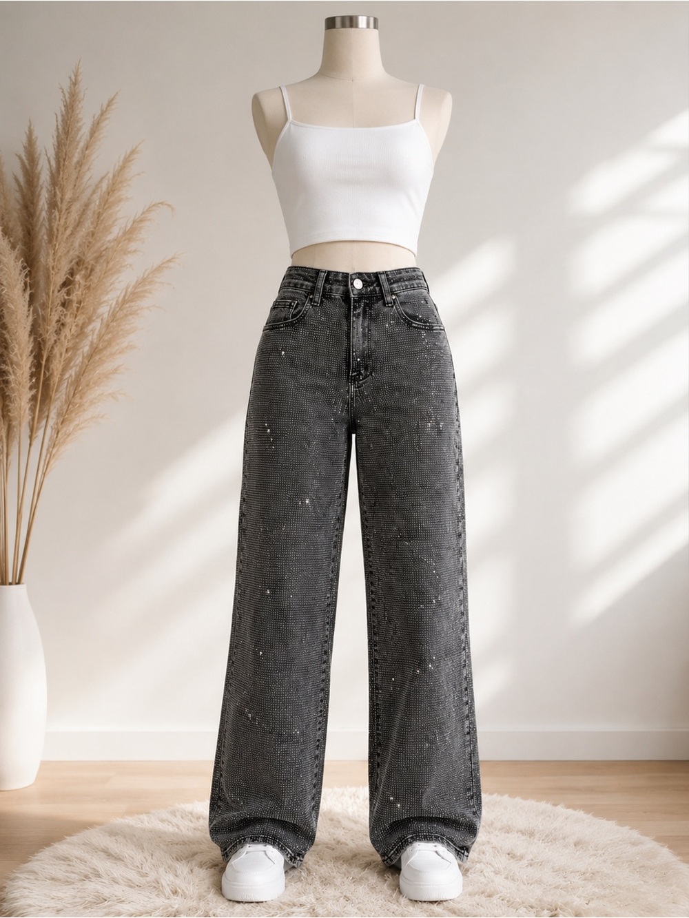 NEW Nina Rossi Rhinestone Wide Leg Jeans Size Large